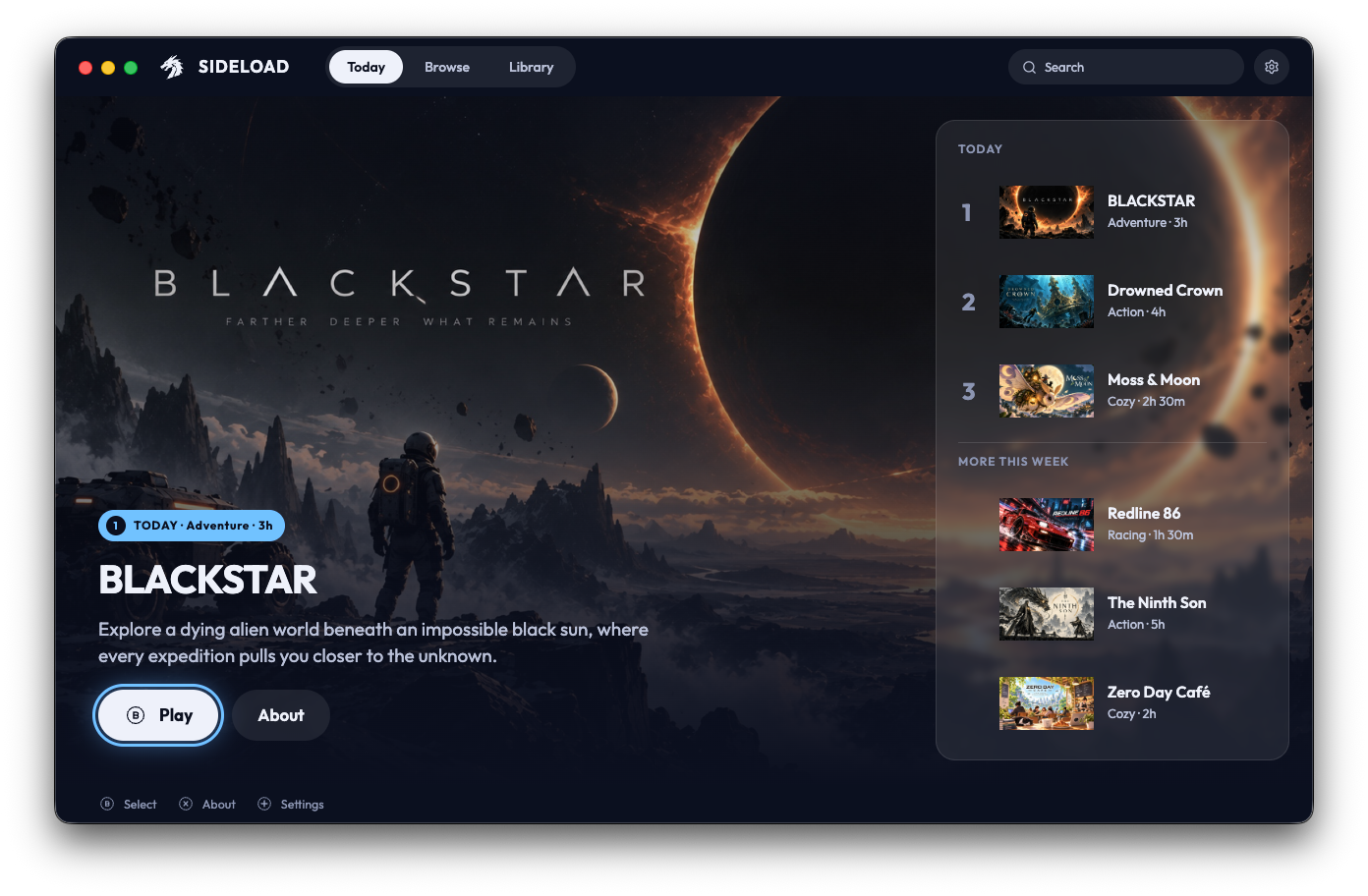 The Today screen in the Sideload launcher, showing a featured game and the day's slate below it